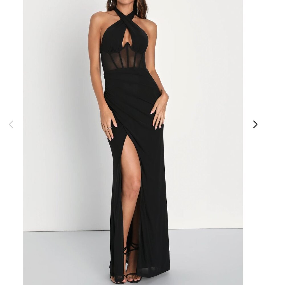 Lulus Never Ending Glamour Black Mesh Dress XS Cross Front Halter Valentines